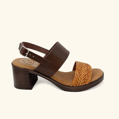 Alónnisos Leather and Raffia Braid Heeled Sandals in Brown
