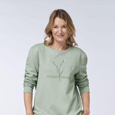 Damen - Sweater aus Baumwollmix mit Floral-Print und Schriftzug - Green Milieu