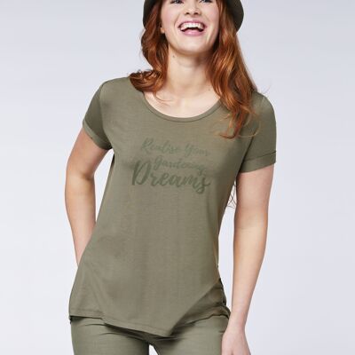 Damen - T-Shirt aus Viskose-Elasthanmix mit Schriftzug - Dusty Olive