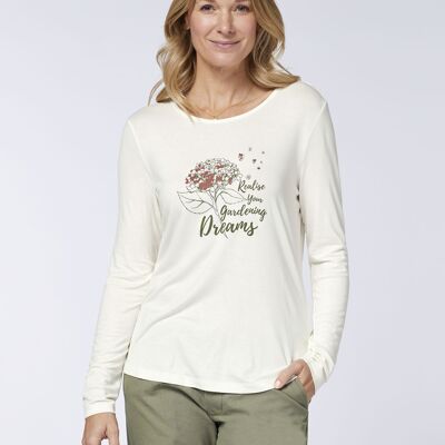 Damen - Longsleeve aus Viskose-Mix mit Floral-Print und Schriftzug - Cloud Dancer