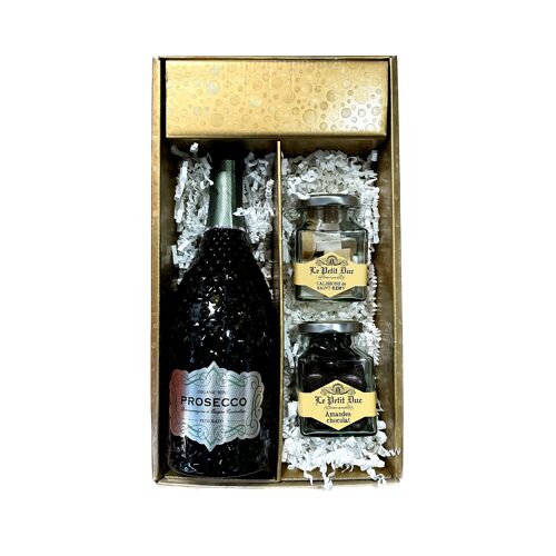 Coffret blanc - Diamant Prosecco - PIZZOLATO - 1 pot d' Amandes enrobées et 1 pot de calissons st rémy LE PETIT DUC