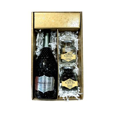 Weiße Schachtel – Diamant Prosecco – PIZZOLATO – 1 Glas überzogene Mandeln und 1 Glas LE PETIT DUC St Rémy Calissons