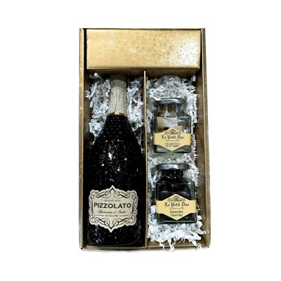 Coffret blanc - Diamant Extra Dry Spumante - PIZZOLATO - 1 pot d' Amandes enrobées et 1 pot de calissons st rémy LE PETIT DUC