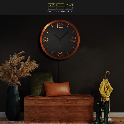 Designer LED wall clock model "DOPPIO" ROUND LØ40cm and XLØ56cm; double plate anthracite wooden dial on COPPER ALU; silent clockwork; Warm-white illuminated with 3D light effect via remote control - modern BoHo wall decoration light decoration