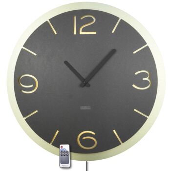 Horloge murale LED design modèle "DOPPIO" RONDE LØ40cm et XLØ56cm; cadran en bois anthracite double plaque sur GOLD ALU; mouvement d'horlogerie silencieux; Éclairage blanc chaud avec effet de lumière 3D via la télécommande - décoration murale BoHo moderne décoration lumineuse 16