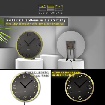 Horloge murale LED design modèle "DOPPIO" RONDE LØ40cm et XLØ56cm; cadran en bois anthracite double plaque sur GOLD ALU; mouvement d'horlogerie silencieux; Éclairage blanc chaud avec effet de lumière 3D via la télécommande - décoration murale BoHo moderne décoration lumineuse 19