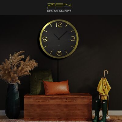 Reloj de pared LED de diseño modelo "DOPPIO" REDONDO LØ40cm y XLØ56cm; esfera de madera de antracita con placa doble sobre ALUMINIO ORO; mecanismo de relojería silencioso; Luz blanca cálida iluminada con efecto de luz 3D a través del control remoto - moderna decoración de pared BoHo decoración de luz