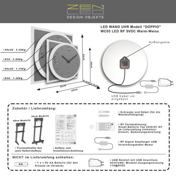 Horloge murale LED design modèle "DOPPIO" RONDE LØ40cm et XLØ56cm; cadran en bois anthracite double plaque sur GOLD ALU; mouvement d'horlogerie silencieux; Éclairage blanc chaud avec effet de lumière 3D via la télécommande - décoration murale BoHo moderne décoration lumineuse 6