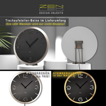 Horloge murale LED design modèle "DOPPIO" RONDE LØ40cm et XLØ56cm; cadran bois anthracite double plaque sur CHAMPAGNE ALU; mouvement d'horlogerie silencieux; Éclairage blanc chaud avec effet de lumière 3D via la télécommande - décoration murale BoHo moderne décoration lumineuse 19