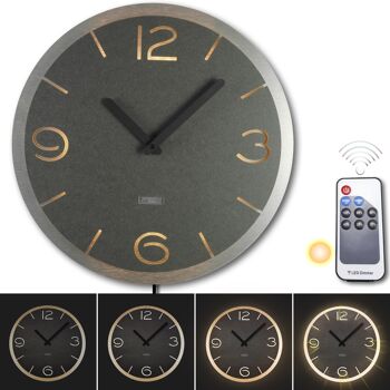 Horloge murale LED design modèle "DOPPIO" RONDE LØ40cm et XLØ56cm; cadran bois anthracite double plaque sur CHAMPAGNE ALU; mouvement d'horlogerie silencieux; Éclairage blanc chaud avec effet de lumière 3D via la télécommande - décoration murale BoHo moderne décoration lumineuse 2