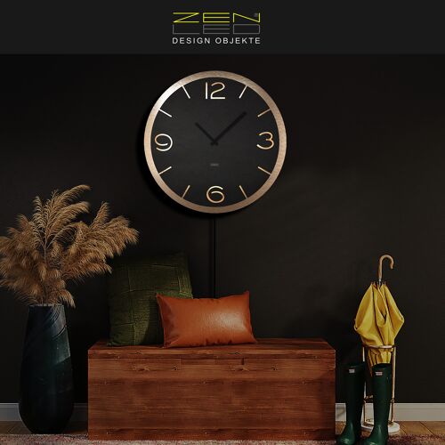 Designer LED Wanduhr Modell „DOPPIO” RUND LØ40cm und XLØ56cm; Doppel-Platte anthrazit Holz-Zifferblatt auf CHAMPAGNER ALU; lautloses Uhrwerk; warm-weiss beleuchtet mit 3D Lichteffekt per Fernbedienung - moderne BoHo Wanddeko Leuchtdeko