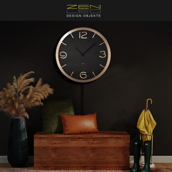 Horloge murale LED design modèle "DOPPIO" RONDE LØ40cm et XLØ56cm; cadran bois anthracite double plaque sur CHAMPAGNE ALU; mouvement d'horlogerie silencieux; Éclairage blanc chaud avec effet de lumière 3D via la télécommande - décoration murale BoHo moderne décoration lumineuse 1