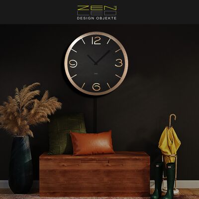 Designer LED wall clock model "DOPPIO" ROUND LØ40cm and XLØ56cm; double plate anthracite wooden dial on CHAMPAGNE ALU; silent clockwork; Warm-white illuminated with 3D light effect via remote control - modern BoHo wall decoration light decoration
