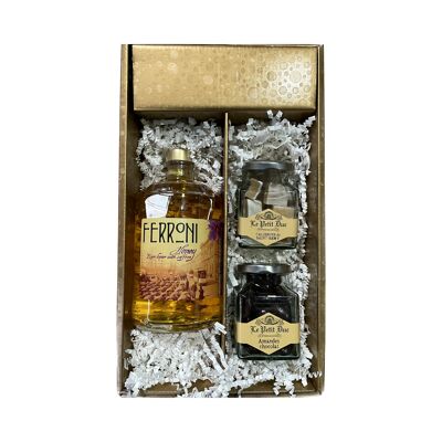 Caja blanca - Licor de Ron Miel Ferroni - 1 tarro de almendras rebozadas y 1 tarro de calissons LE PETIT DUC St Rémy
