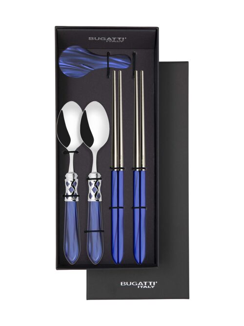 AST.LUX SET 6PZ COPPIA BASTONCINI RISO E CUCCHIAIO FRUTTA ACRILICO ALADDIN GHIERA CROMATA BLU