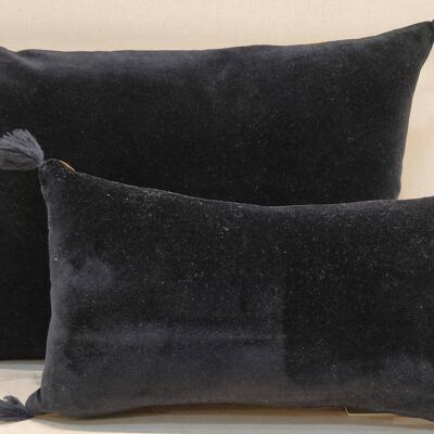DARK BLUE velvet cushion with pompoms 20x35