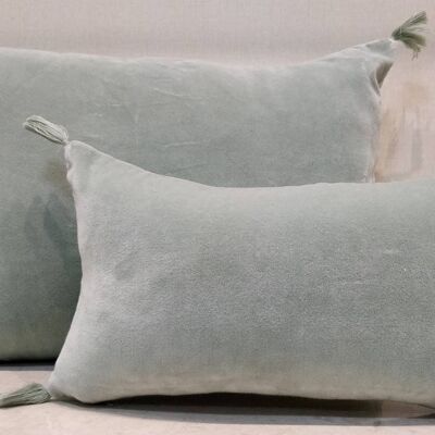 LICHEN velvet cushion with pompoms 20x35