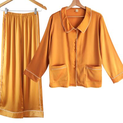 Laura Lily - Seidensatin-Pyjama-Set für Damen, 2-teiliges geknöpftes Oberteil mit Taschen und Hose mit Spitze