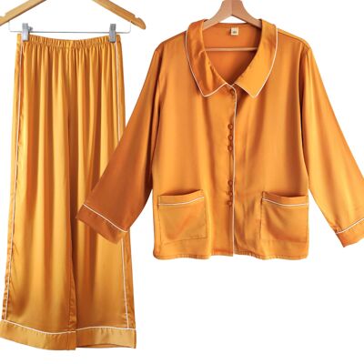 Laura Lily - Seidensatin-Pyjama-Set für Damen, 2-teiliges geknöpftes Oberteil mit Taschen und Hose mit Spitze