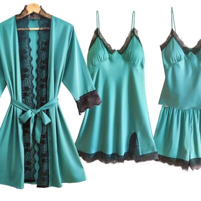 Laura Lily Women's 4 Piece Silk Satin Pajamas Set, Robe, Nightgown, Top and Shorts. Casual, elegant and soft to be relaxed at home.