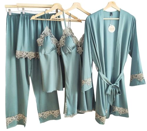 Laura Lily - Pijamas mujer de seda satén conjunto de 5 piezas con encaje bordado elegante