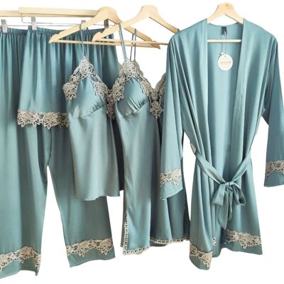 Laura Lily - Pijamas mujer de seda satén conjunto de 5 piezas con encaje bordado elegante
