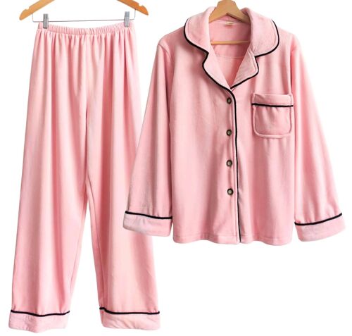 Laura Lily - Pijamas para mujer de Franela 2 Pcs Chaqueta Abotonada con Bolsillo y Pantalones Largos de Invierno Forro Polar Coral calentita