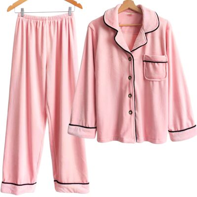 Laura Lily Pyjama für Damen, Flanell, 2-teilig, geknöpfte Jacke mit Tasche und langer Hose, Winter, gemütliches Korallen-Fleece-Futter
