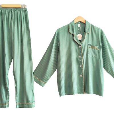 Laura Lily - Conjunto de 2 piezas, pijamas de seda satén, camisero y pantalones largos a rayas