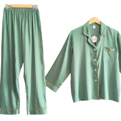 Laura Lily - Conjunto de 2 piezas, pijamas de seda satén, camisero y pantalones largos a rayas