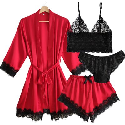 Laura Lily - Women's 4 Piece Silk Satin Pajama Set Robe, lace top, panties and shorts with black lace.