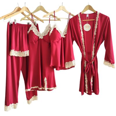 Laura Lily Women's Silk Satin Lace 5 Piece Pajama Set