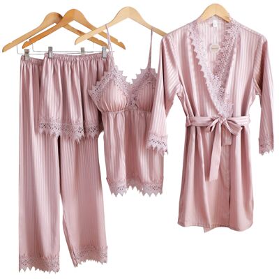Women's striped satin silk pajamas with embroidered lace. Set of 4 pieces.