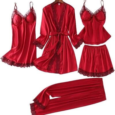 Laura Lily Women's 5 Piece Satin Silk Pajamas Set, Robe, Nightgown, Top, Shorts and Longs. With very elegant and soft embroidered lace.