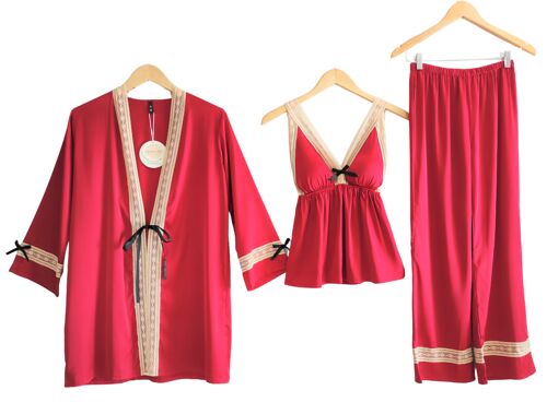 Laura Lily - Conjunto de 3 piezas pijama de seda satín con encaje bordado para mujer
