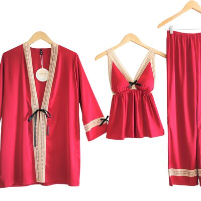 Laura Lily - Conjunto de 3 piezas pijama de seda satín con encaje bordado para mujer