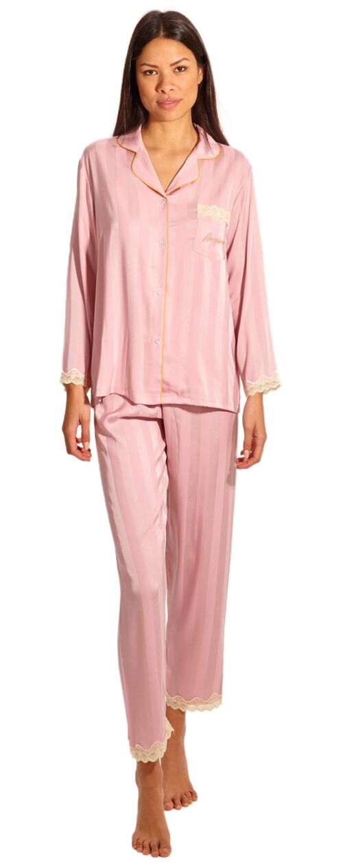 Laura Lily - Conjunto de Pijamas de Seda Satén para Mujer 2 piezas Camiseta Abotonada con Bolsillos y Pantalones con Encaje a rayas