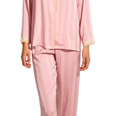 Laura Lily - Ensemble Pyjama Femme 2 Pièces en Satin de Soie Chemise Boutonnée avec Poches et Pantalon avec Dentelle Rayée