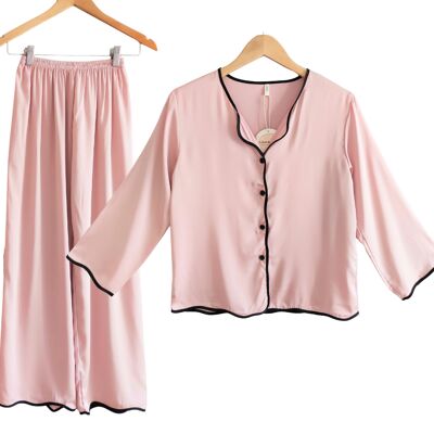 Laura Lily - Chemise de pyjama 2 pièces pour femme avec boutons et pantalon long en satin de soie avec détail brodé.