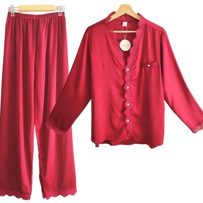 Laura Lily - Women's Silk Satin Pajamas with Embroidered Lace, 2 Pieces Shirt with Buttons and Long Pants, Soft, Comfortable, Silky and Casual.