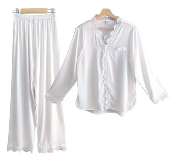 Laura Lily - Pyjama en satin de soie pour femme avec dentelle brodée, chemise 2 pièces avec boutons et pantalon long, doux, confortable, soyeux et décontracté. 3