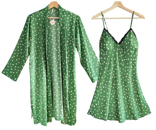 Conjunto de pijamas mujer de satén con estampado lunares color liso sólido.