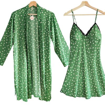 Women's satin pajamas set with solid solid color polka dot print.