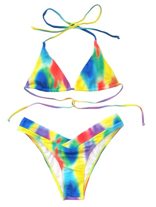 Laura Lily - Bikini Bañador para Mujer de color verano teñido anudado. Conjunto de 2 Piezas Top y Braguita para playa y mar.
