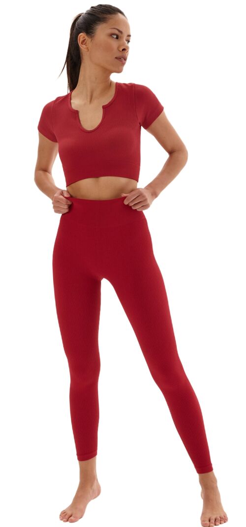 Laura Lily - Conjunto de ropa deportiva para mujer sin costuras de tejido canalé, top camiseta con cuello V y pantalones de push up para yoga y gym.