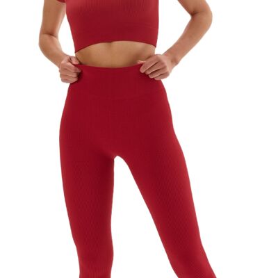 Laura Lily - Ensemble de vêtements de sport en maille côtelée sans couture pour femme, haut t-shirt col V et pantalon push up pour le yoga et la gym.