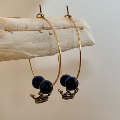 Golden crown hoop earrings with hawk's eye gemstones