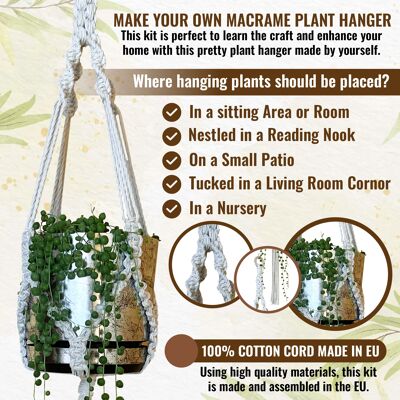 Kit de macramé de bricolaje para principiantes con instrucciones - Kit completo de colgador de plantas de macramé de decoración boho con cuerda de macramé 100% algodón, anillo, gancho