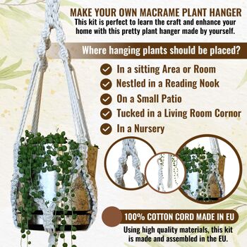 Kit de bricolage en macramé pour débutants avec instructions - Kit complet de suspension pour plantes en macramé Boho Decor avec corde en macramé 100% coton, anneau, crochet 1