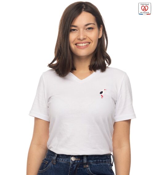 Le T-shirt femme col V brodé cigogne